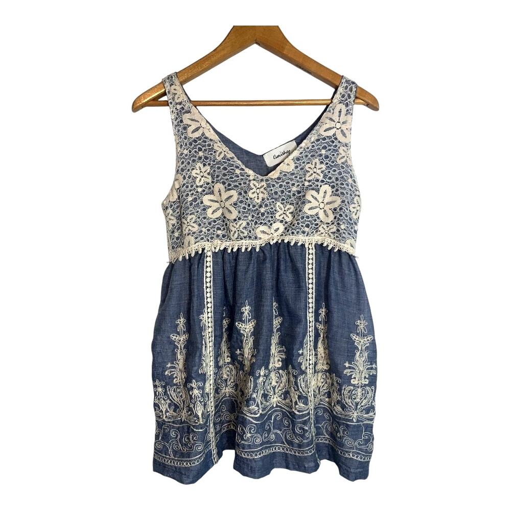 Euinshop Women's Embroidered and Lace Overlay Denim Sleeveless Baby Doll Top Sm
